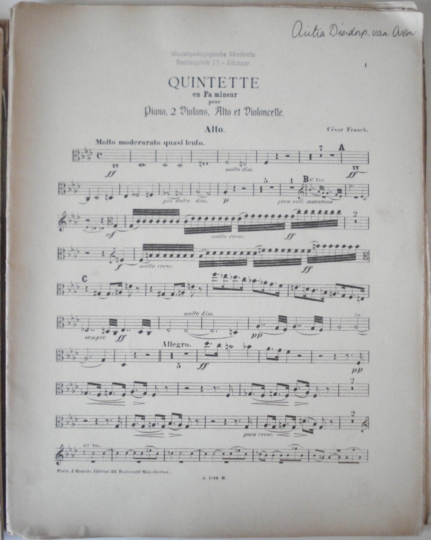 Franck, Cesar - Quintette en Fa mineur pour Piano, 2 Violons, Alto et Violoncelle.