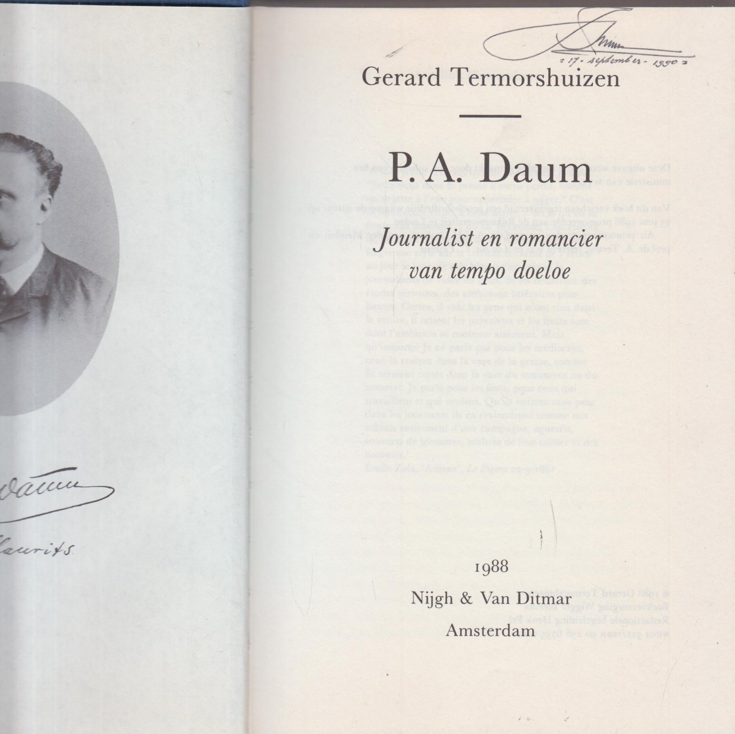 Termorshuizen (Rotterdam 2 januari 1935), dr Gerard - P. A. Daum - Journalist en romancier van tempo doeloe - Gesigneerd 17 september 1990 - Paulus Adrianus Daum (Den Haag, 3 augustus 1850 - Laag-Soeren, 14 september 1898 pseudoniem Maurits)