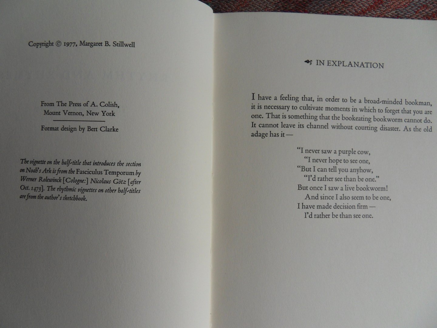 Stillwell, Margaret B. [ GESIGNEERD door de auteur ]. - Rhythm and Rhymes. - The Songs of a Bookworm. [ Genummerd ex. 13 / 50 of the Keepsake edition ].