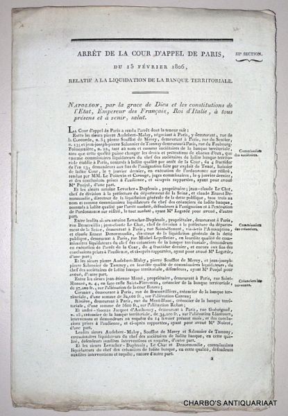 COUR D'APPEL DE PARIS, - Arrêt de la Cour d'Appel de Paris, du 15 février 1806, relatif à la liquidation de la Banque Territoriale.