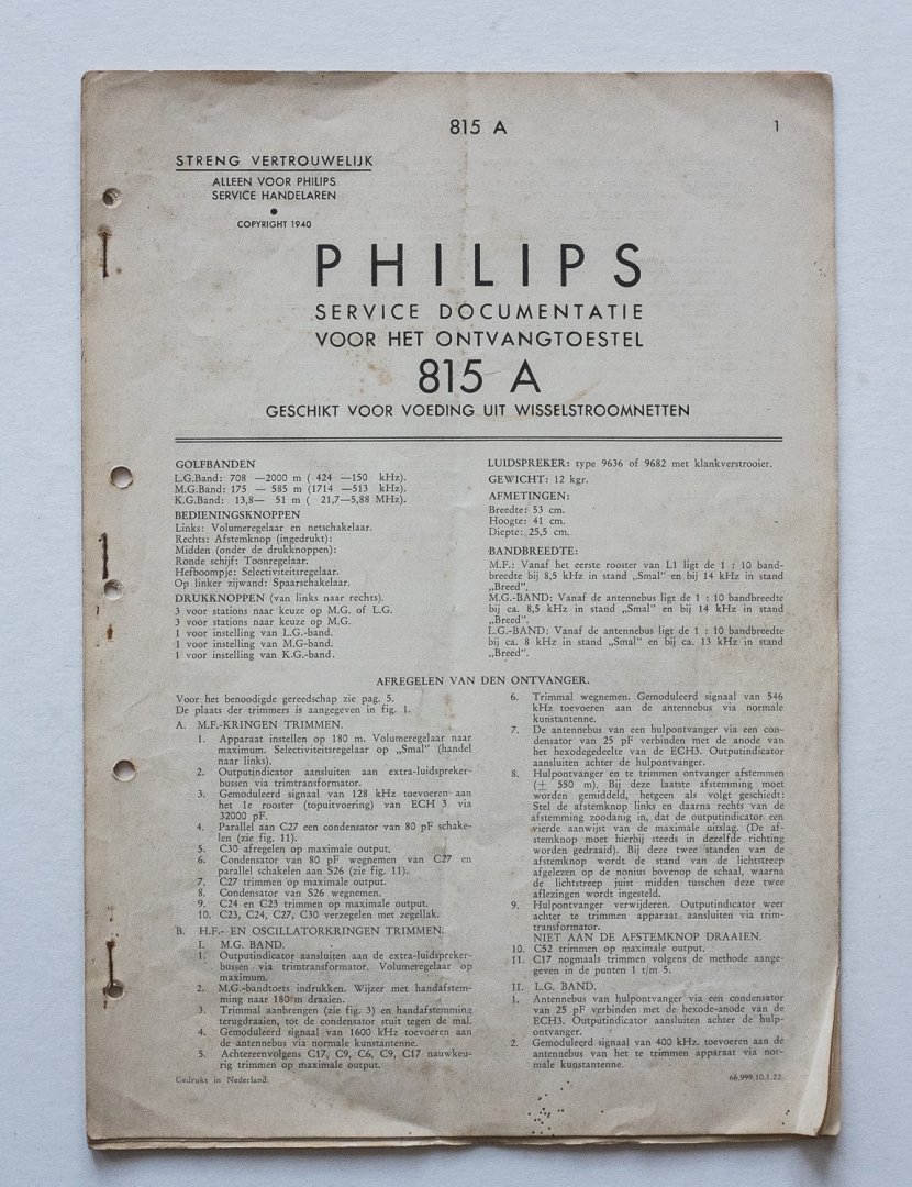  - Philips service documentatie - voor het ontvangtoestel 815A -  geschikt voor voeding uit wisselstroomnetten