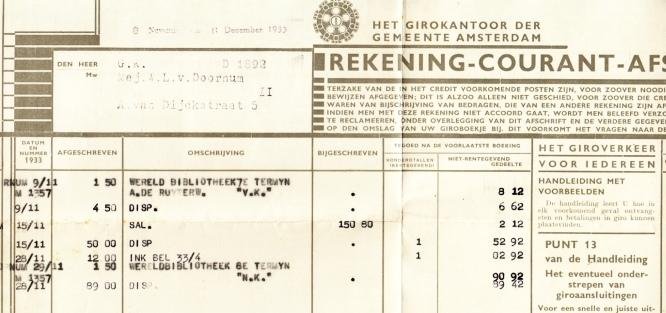 GEMEENTEGIRO - Rekening-Courant-Afschrift van het Girokantoor der Gemeente Amsterdam.