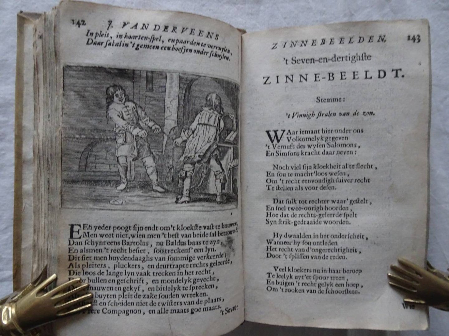 Veen, Jan vander. - Jan vander Veens Zinne-beelden, oft Adams appel, Verciert met seer aardige konst-platen. Mitsgaders syne oude en nieuwe ongemeene bruylofs- en Zegezangen, Raatselen, uytgebeeldt met zin-ryke uytleggingen; syn gulden en yseren eeuw; alsmede een...