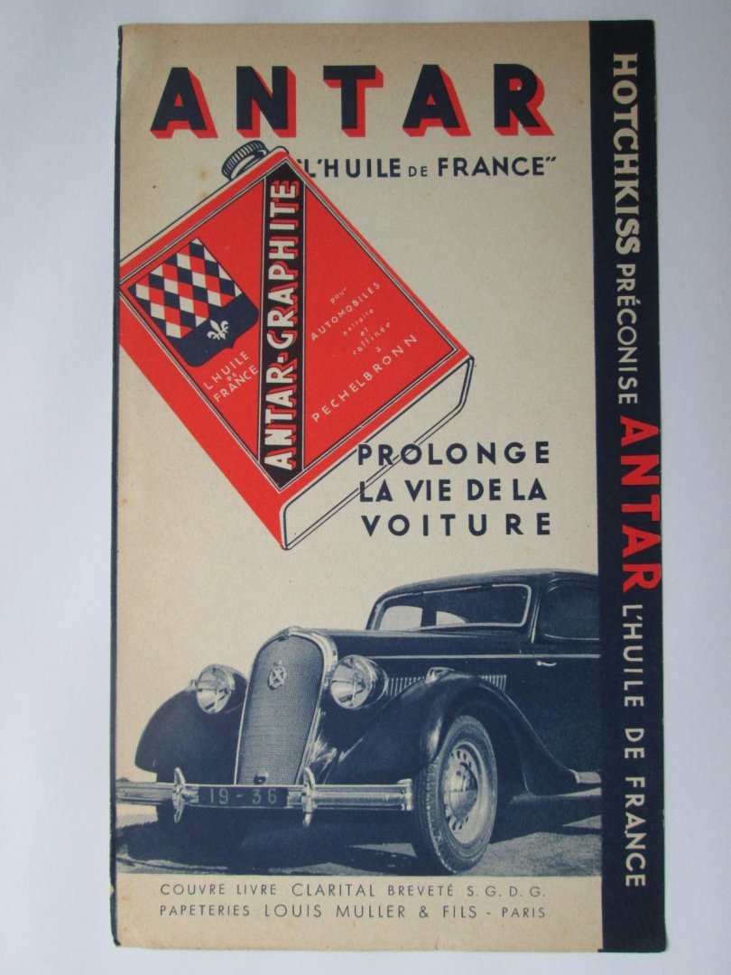 Antar - reclamekaart van Antar, l`huile de France, voor de franse Hotchkiss auto`s