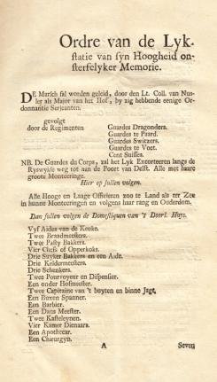 WILLEM IV, Stadhouder - Ordre van de Lykstatie van syn Hoogheid onsterflyker Memorie.