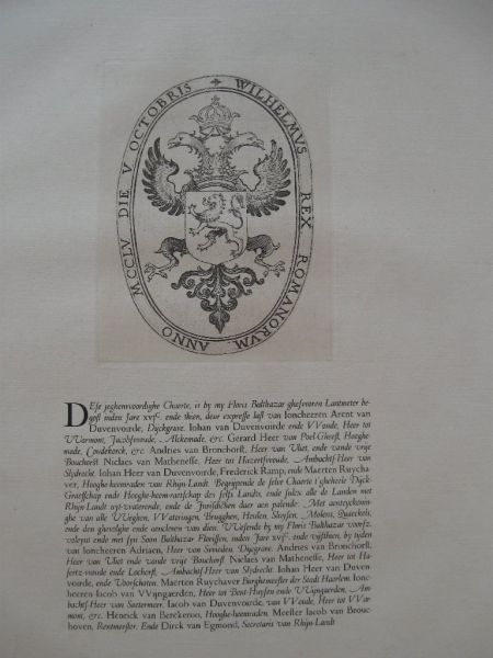 Fockema Andrea, Mr. S.J. (alleen tekst, géén kaart) - Kaart van Rijnland (Rhynland) door Floris Balthasar 1610-1615. Deze uitgave bevat het toelichtende tekstdeel van Fockema Andrea bij de hernieuwde druk van de kaart van Rijnland uit 1615. Groot formaat 42 x 53 cm. Inclusief een fraaie gravure.