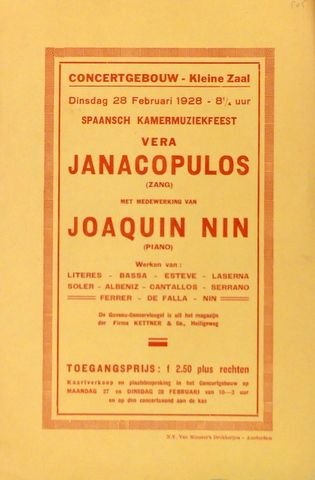 Nin, Joaquin und Vera Janacopulos: - [Flyer] Spaansch Kamermuziekfeest. Vera Janacopulos (zang) met medewerking van Joaquin Nin (piano)