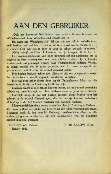 Zeeuw J.Gzn.,P.de - Oranje en Nederland. Vaderlandsch Liedeboek voor School en Huisgezin