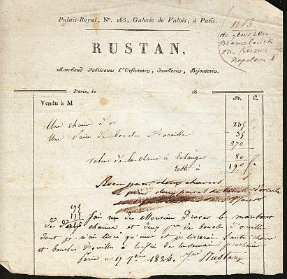ROUSTAN - Facture pour une chaîne en or et une boucle d'oreille en or. Avec la signature de Rustan, 'l'ancien Mamelouck de l'Empereur Napoléon Ier' (1824).
