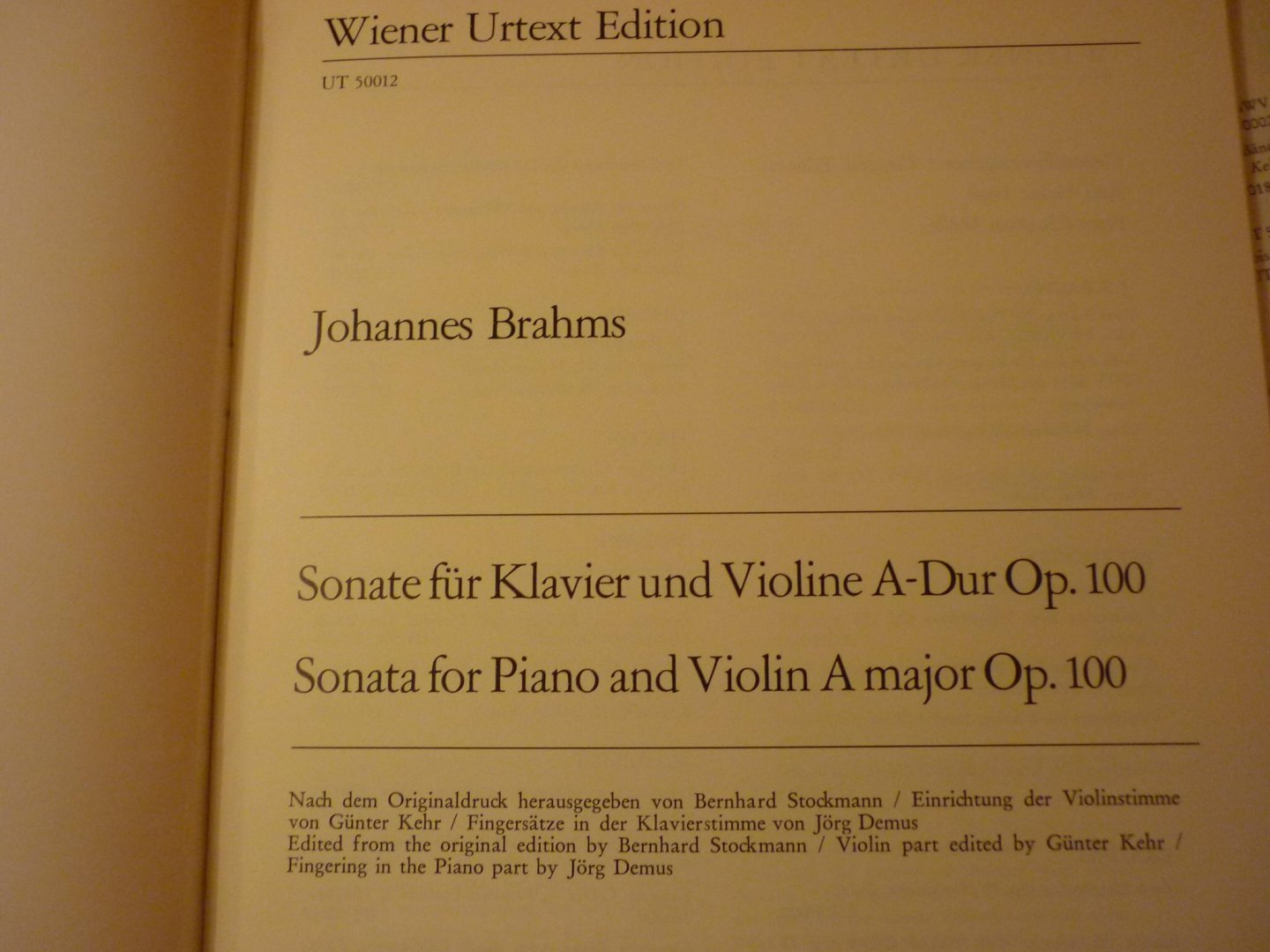 Brahms; Johannes (1833 – 1897) - Sonate für Klavier und Violine A-Dur op. 100; Nach dem Originaldruck (Urtextausgabe) (Urtext); Redactie: Bernhard Stockmann