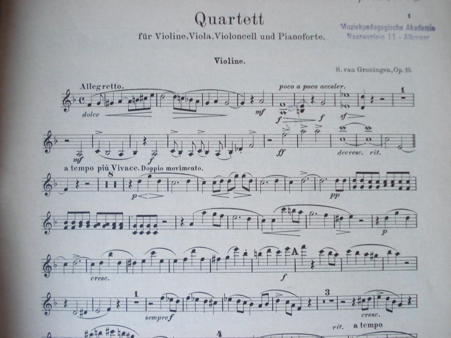 Groningen, S. van - Quartett fur Pianoforte, Violine, Bratsche und Violoncell in F dur