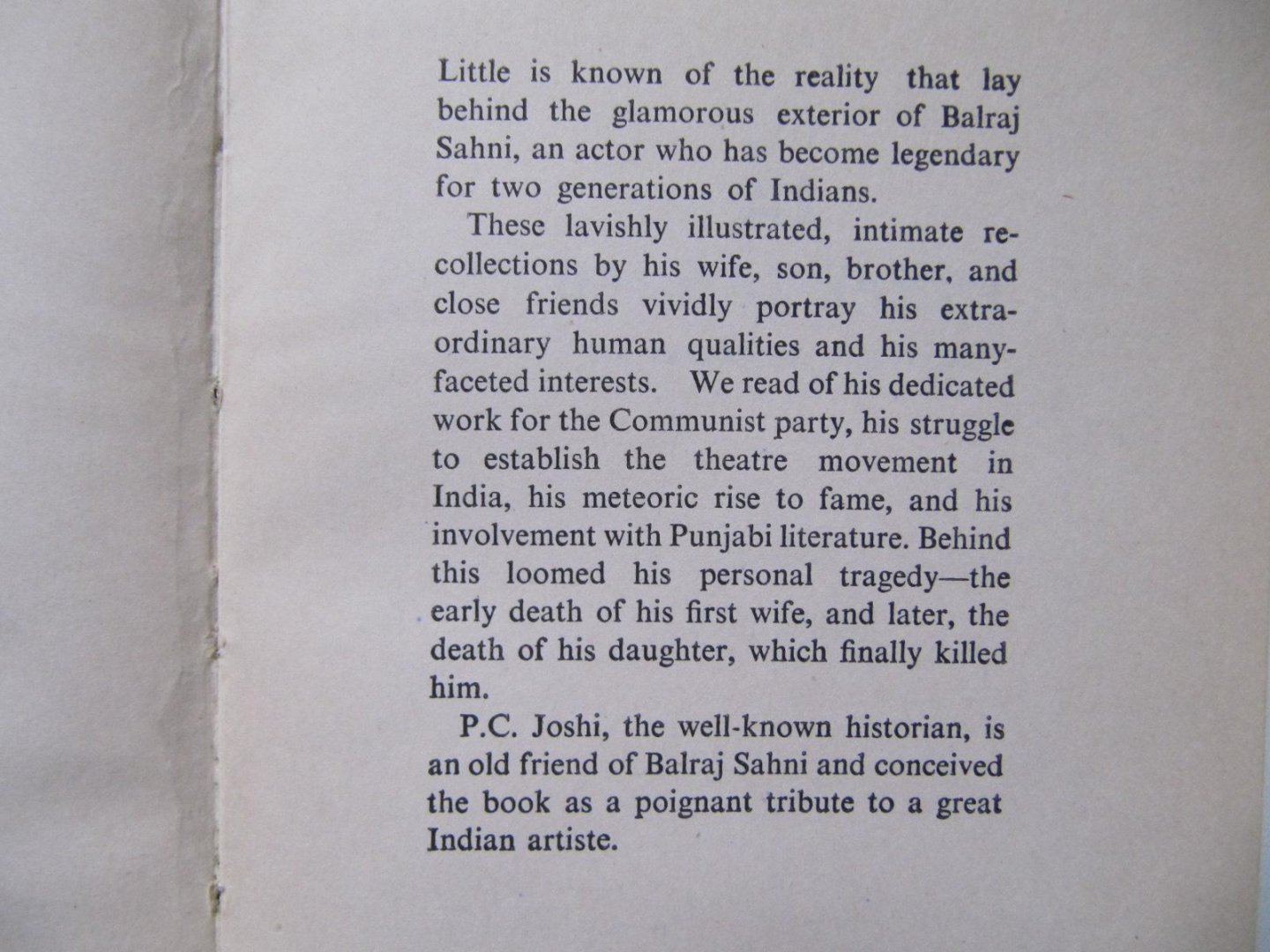 P.C. Joshi - Balraj Sahni - an Intimate Portrait