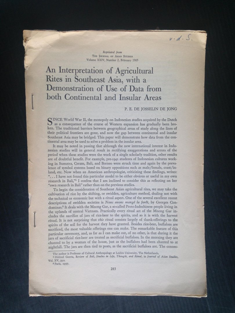 Josselin de Jong, P.E. - Artikel An Interpretation of Agricultural Rites in Southeast Asia, reprint Journal of Asian Studies, Vol XXIV, nr 2, feb 1965