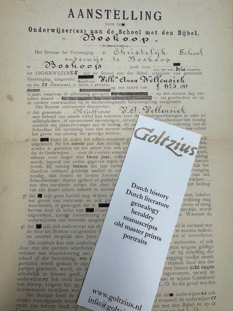  - Aanstelling voor onderwijzeres aan de school met den bijbel Boskoop of Wilhelmina Anna Wellensiek from 25 January 1909.