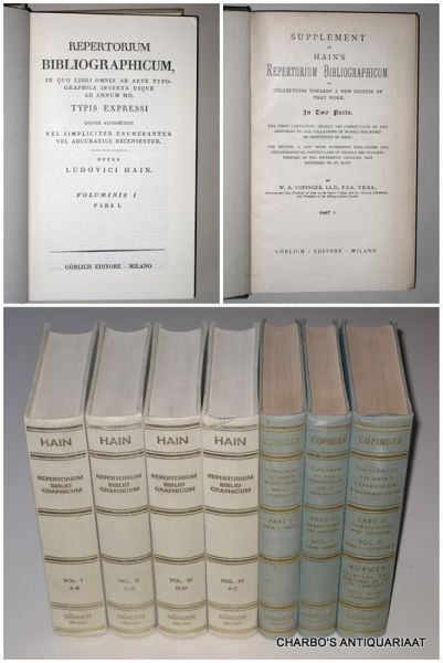 HAIN, LUD., - Repertorium bibliographicum, in quo libri omnes ab arte typographica inventa usque ad annum MD. Typis expressi ordine alphabetico. (4 vols.).