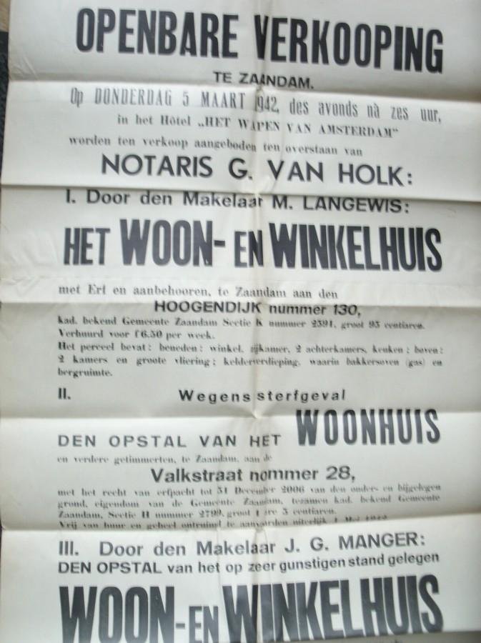 (zaanstreek). - Openbare Verkooping te Zaandam (..) Woon en Winkelhuis (..) Hoogendijk nummer 130 (..) Wilhelminastraat 18 en 18 a (..).