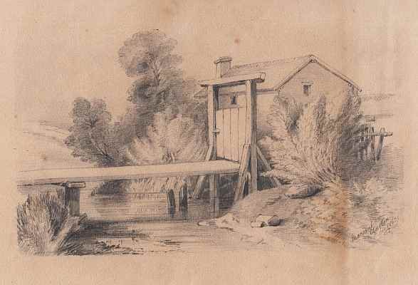 CLAYTON, Margaret (and the town of CLAYTON, California) - Original pencil drawing of a creek with a bridge.