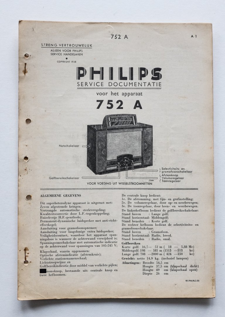  - Philips service documentatie - voor het apparaat 752A - voor voeding uit wisselstroomnetten