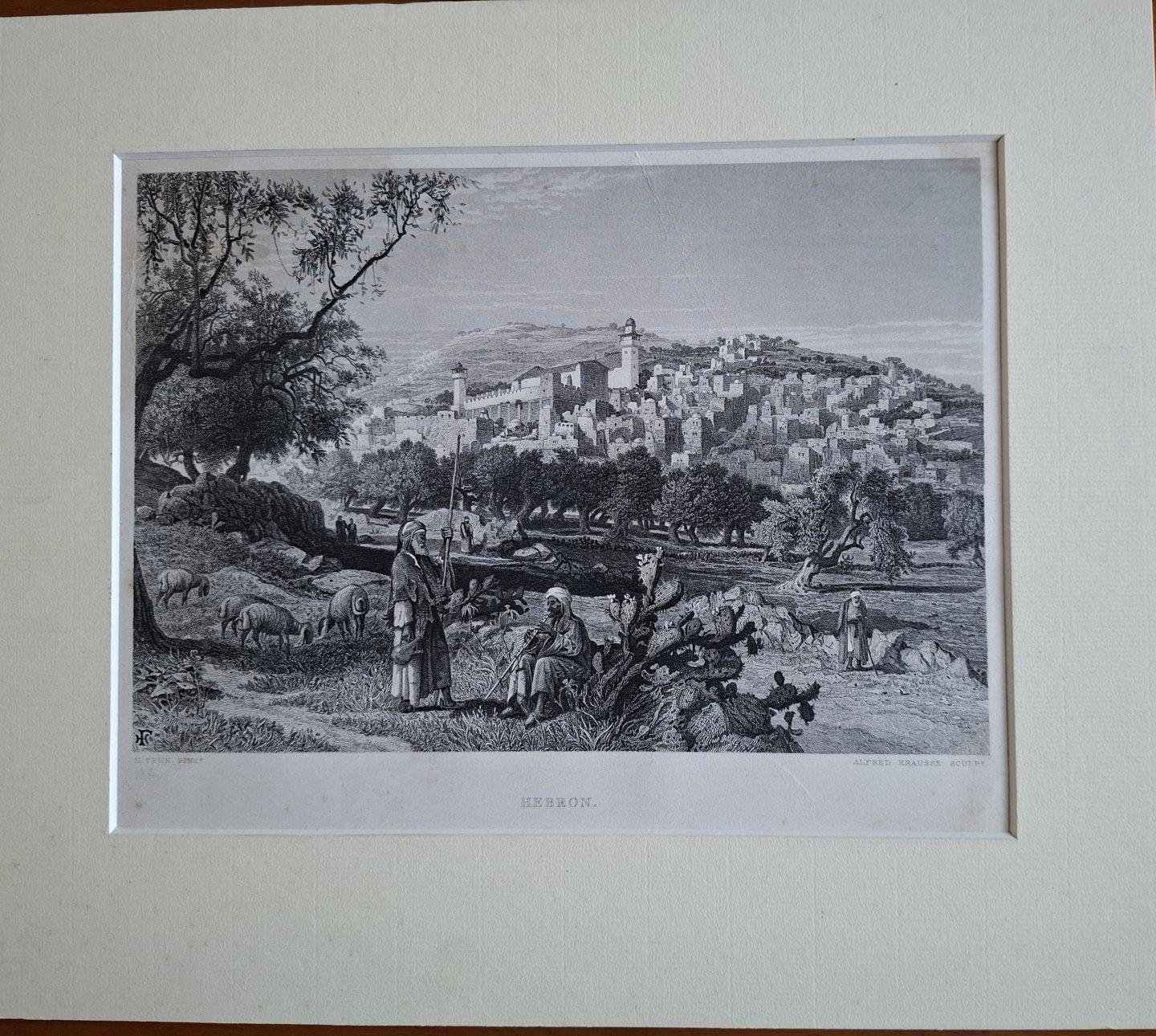  - Hebron, steel engraving by Alfred Krausse after a picture by Harry Fenn [1881]. In passe-partout.. 26x20 cm