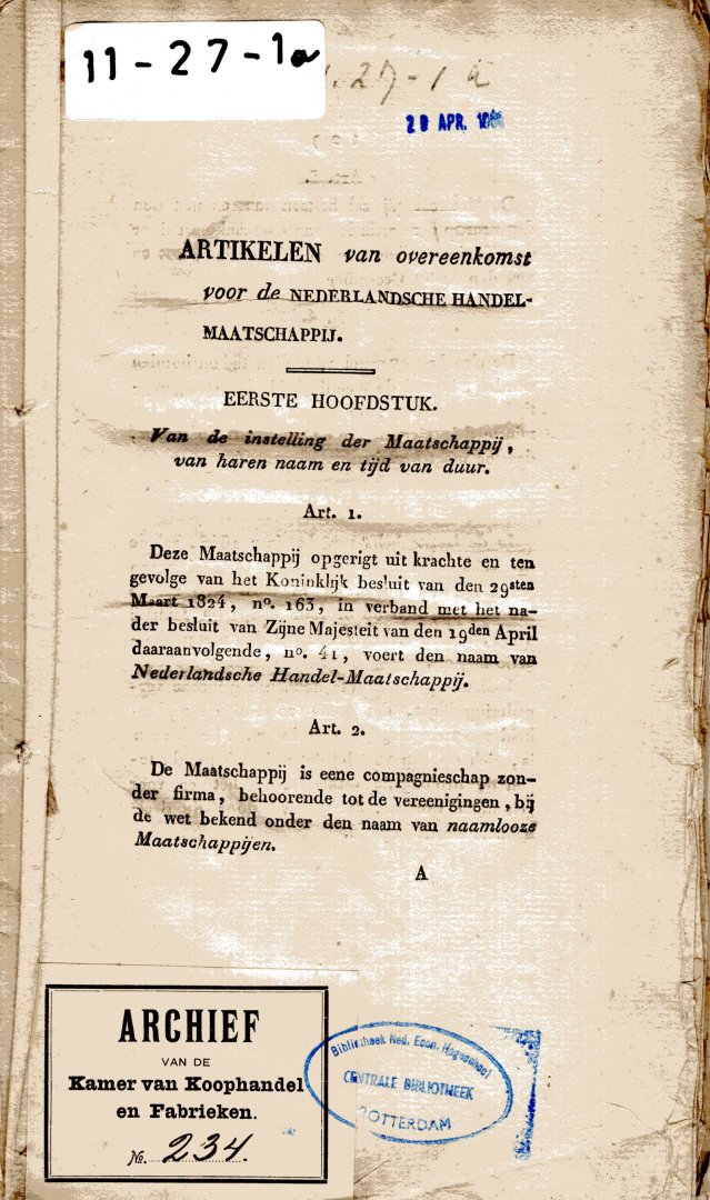 [Nederlandsche Handel-Maatschappij]. - Artikelen van overeenkomst voor de Nederlandsche Handel-Maatschappij [1924].