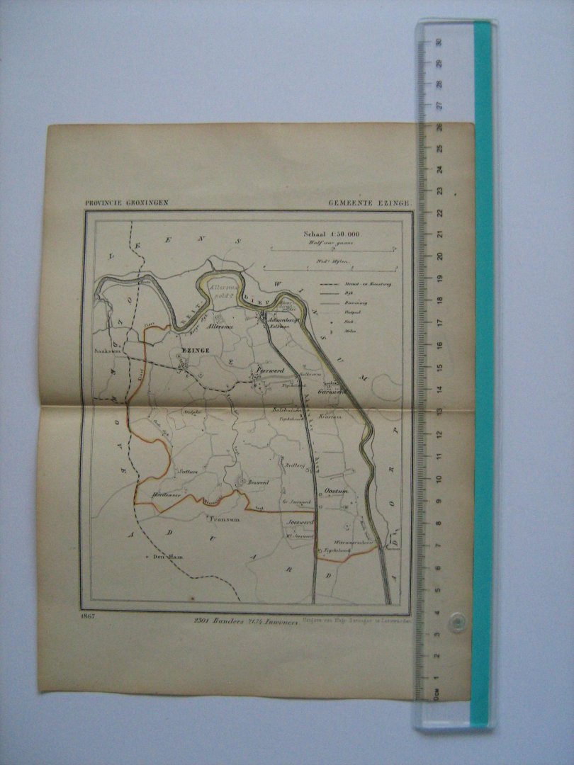  - Oudtijds grensgekleurde lithografie van Gemeente Ezinge, Groningen 1867