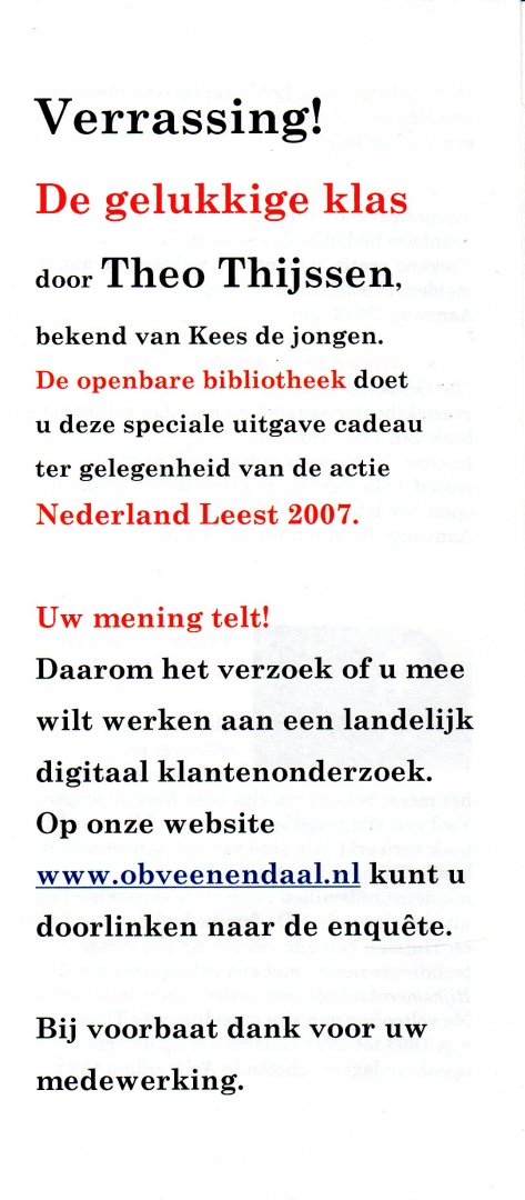  - Flyer/boekenlegger Bibliotheek Veenendaal met activiteiten i.v.m. 'De gelukkige klas'