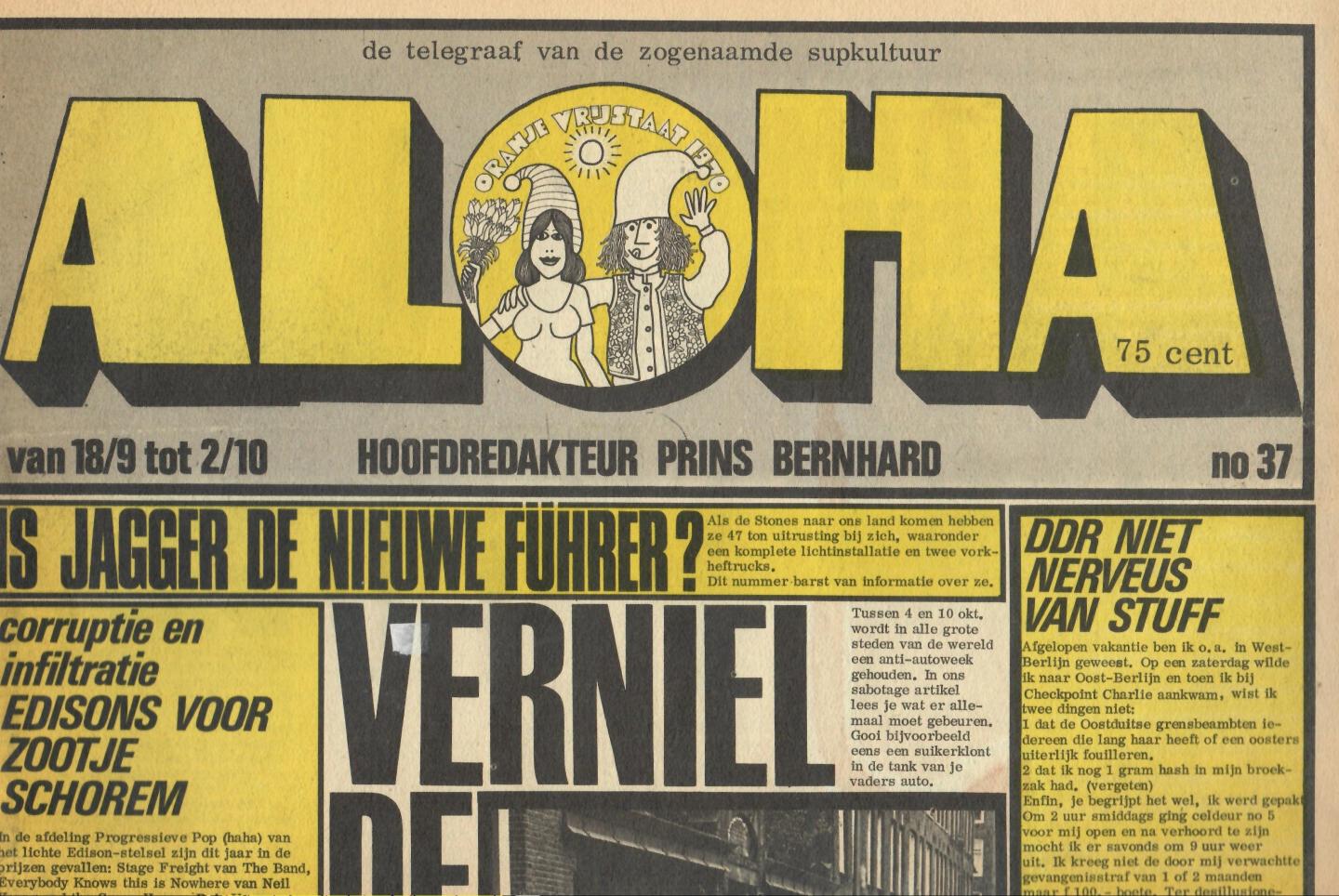 [Anoniem] Koch, Koen; Dolf Koelbloed; Wim Noordhoek; Gerard Paques; Rogier Proper; Koos Zwart, Marjolein Kuijsten (redactie); Willem de Ridder (Art director)] - Aloha 37, 18 september - 2 oktober 1970.