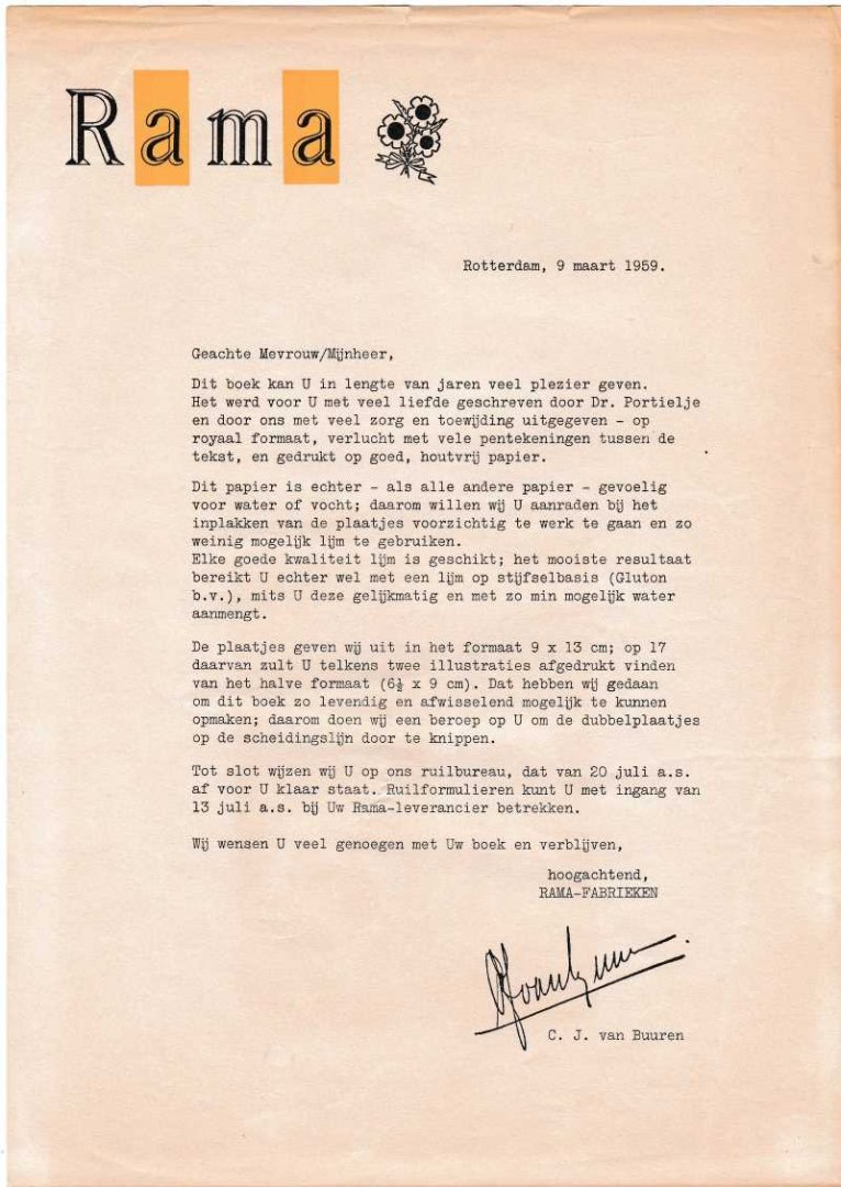 Portielje, Dr. A.F.J. met inplakplaatjs in kleur van Frida Holleman - Over dieren raak ik niet uitgepraat / met bijbehorende  brief van de Rama fabrieken uit 1959