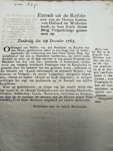  - Extract uit de resolutien van de Heeren Staten van Holland (...) Donderdag 29 December 1763 concerning the request van Mattheus van Arp.