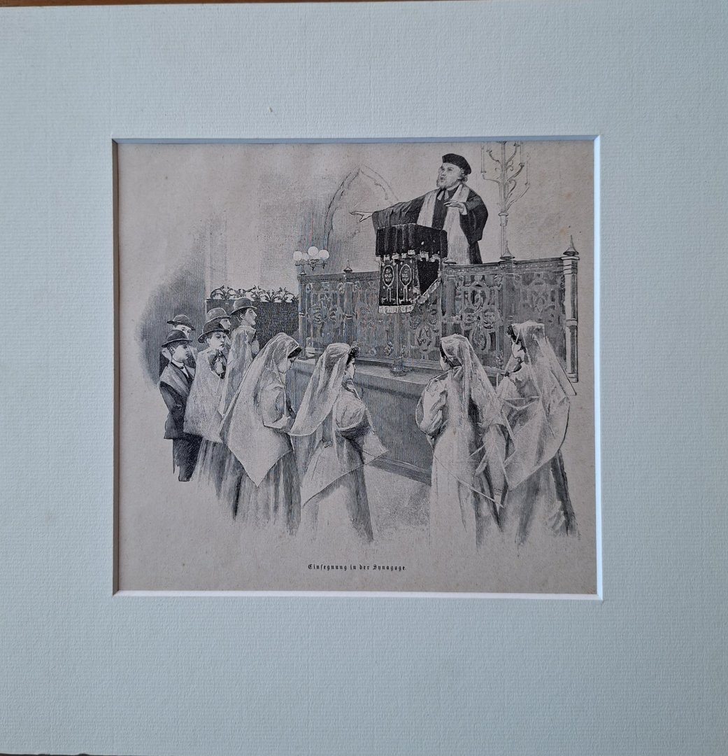  - Einsegnung in der Synagoge, engraving around  1860 taken from a book or magazine on boys and girls during their Bar and Bat Mitzva. 16,5 x 17,5 cm