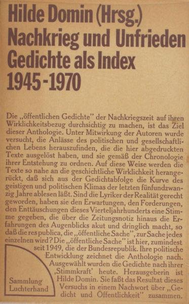 Domin, Hilde (Herausg.). - Nachkrieg und Unfrieden. Gedichte als Index 1945-1970.
