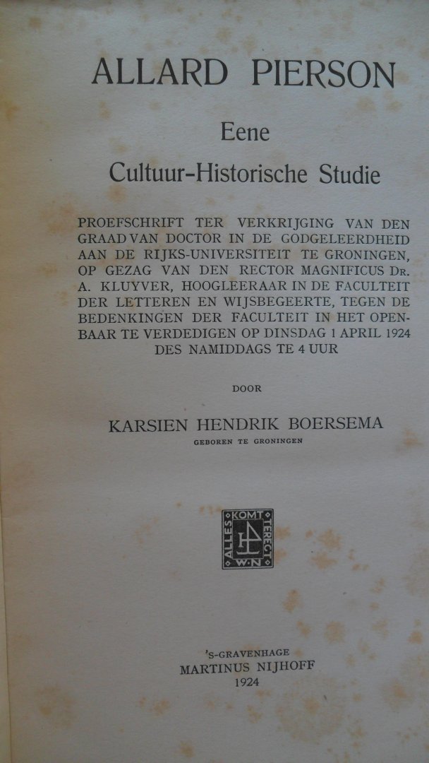 Boersema K.H. - Allard Pierson  Eene Cultuur-Historische Studie