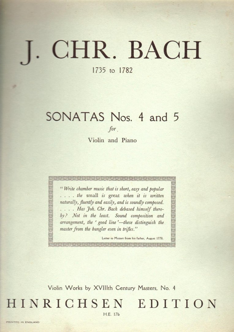 Bach Johann Christian - Sonatas Nos 4 and 5 Violin and Piano