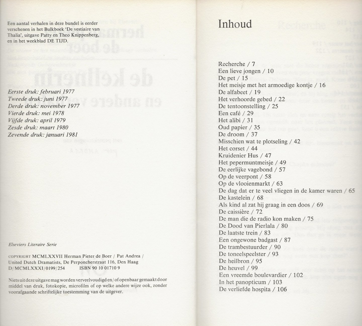 Boer, Herman Pieter de  .. met mooie pentekeningen van Pat Andrea. - De kellnerin en andere verhalen