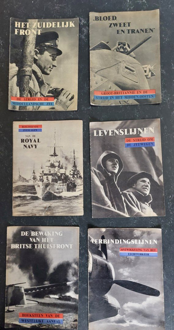 n.n. - serie tijdschriften British Propaganda, 1944 beslissende zeeslagen,bloed zweet en tranen levenslijnen verbindingslijnen, bewaking van britse thuisfront zuidelijk front