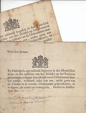 AMSTERDAMS DOCUMENT - Twee formulieren voor aankondiging van een huwelijk te Amsterdam (1755 en 1791).