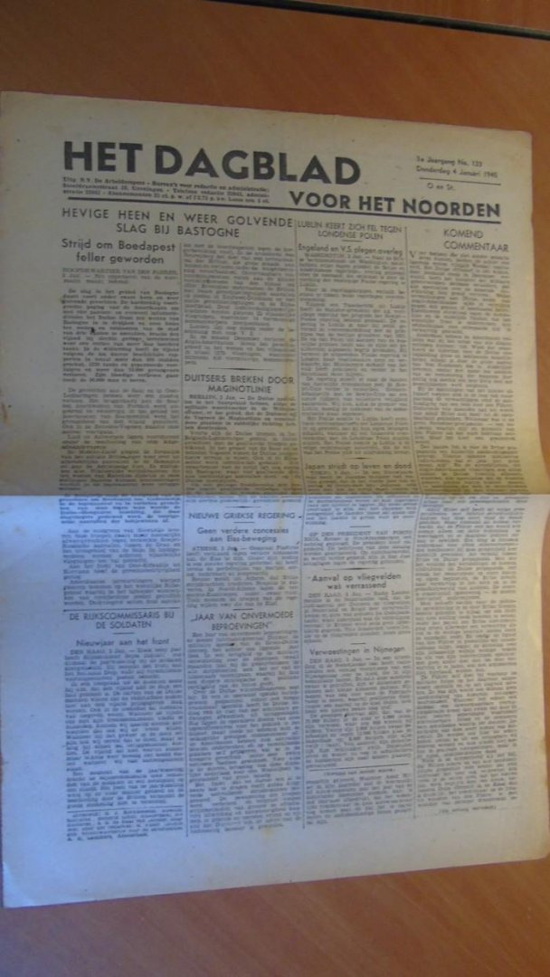 Redactie - Dagblad voor het Noorden. 1e jaargang No. 133 Donderdag 4 januari 1945 (origineel)