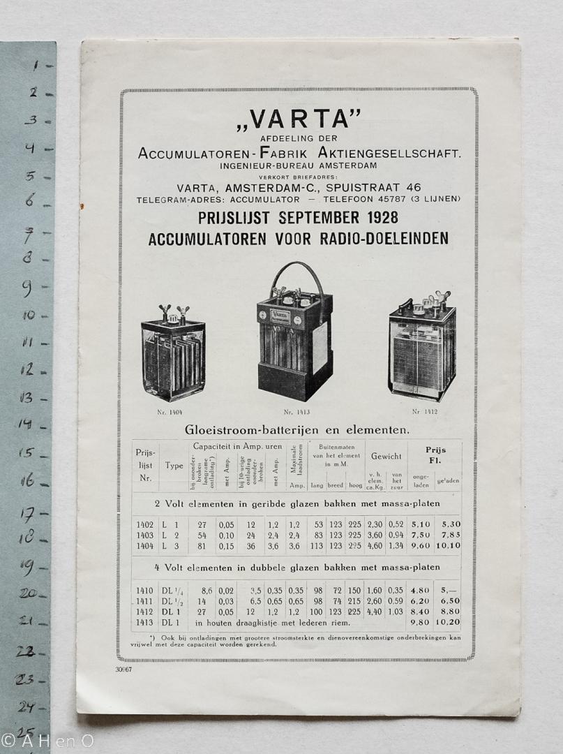 VARTA - Varta prijslijst Accumulatoren voor Radio-doeleinden - september 1928