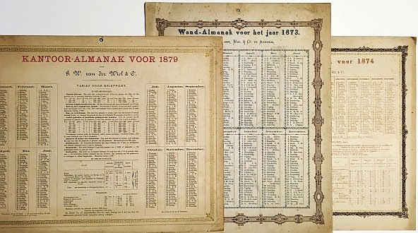 WIEL, Boekhandel-uitgeverij G.W. van der - Kantoor-Almanak voor 1873, 1874 en 1879.