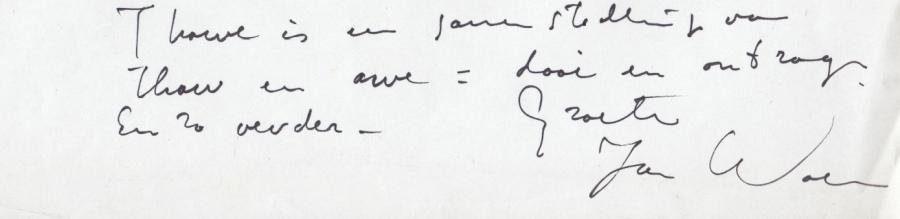 WOLKERS, Jan - Handgeschreven brief aan 'Beste Diny [Schouten]'.