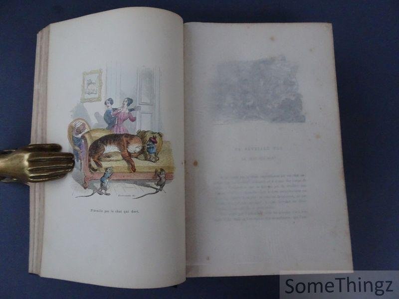 Grandville, Jean-Jacques et M. Quitard. - Grandville. Cent proverbes. Texte par trois têtes dans un bonnet. [Avec 51 planches de Grandville, coloriées à la main].