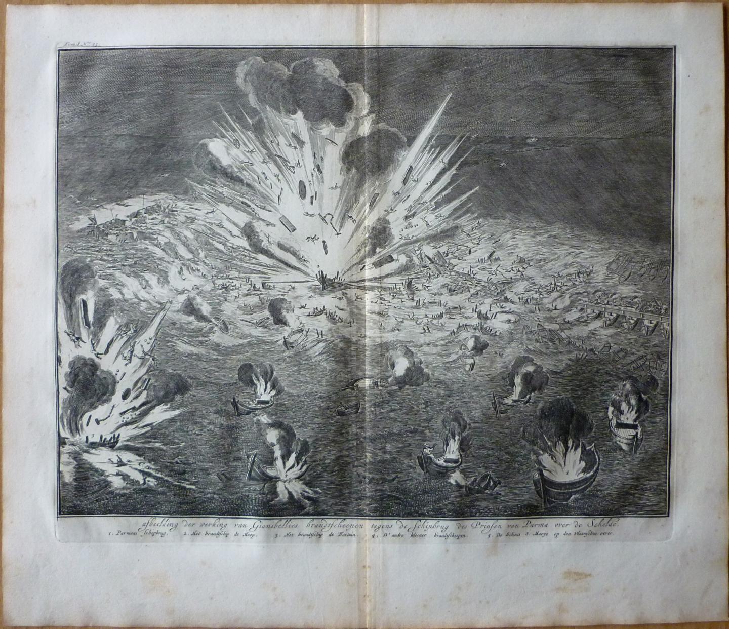 Luyken, Jan - Afbeelding der werking van Gianibellies brandtscheepen tegens de Schipbrug des prinsen van Parma over de Schelde