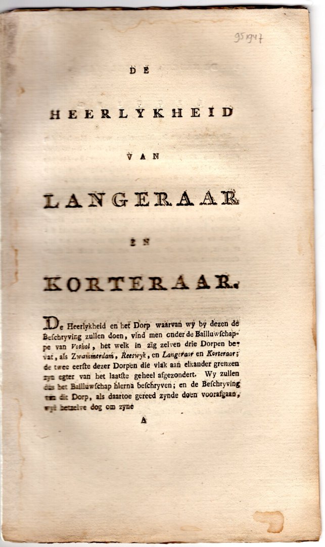 De Nederlandsche stad- en dorpbeschryver - De heerlykheid van Langeraar en Korteraar