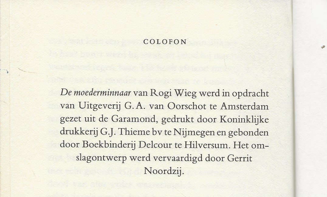 Wieg, Rogi . Omslagontwerp Gerrit Noordzij - De Moederminnaar