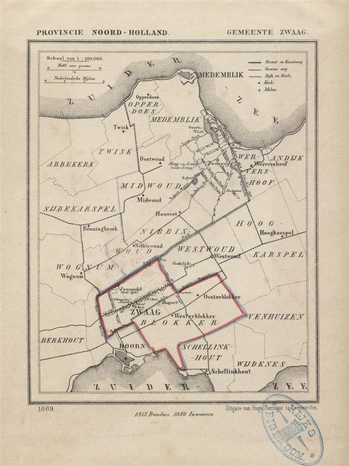 Kuyper Jacob. - Zwaag.  Map Kuyper Gemeente atlas van Noord Holland