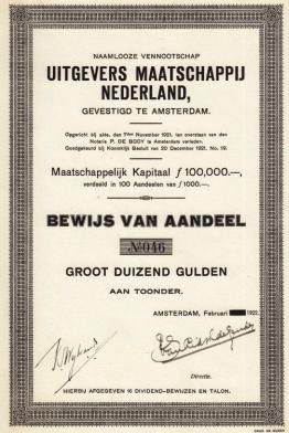 LIDTH de JEUDE, E. van - Bewijs van Aandeel groot Duizend Gulden van de N.V. Uitgevers Maatschappij Nederland, gevestigd te Amsterdam.