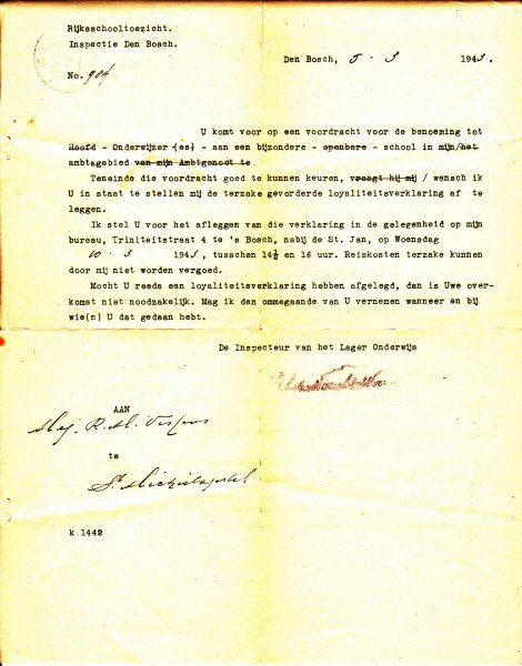 Inspecteur van het Lager Onderwijs - St. Michelsgestel aanstellingsbrief  5-3-1943