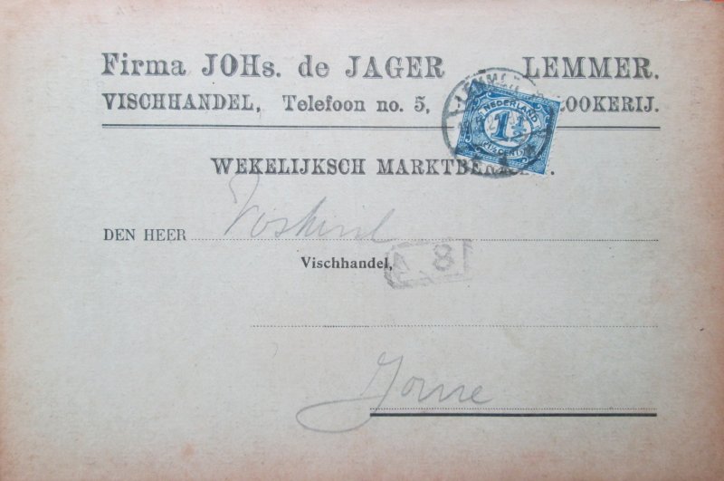 Firma Johs. de Jager Lemmer - Wekelijksch Marktbericht, gedateerd 18 febr. 1921, poststuk (briefkaart) met adreszijde en tekstzijde, verzonden aan Voskuil Joure