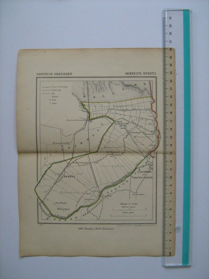 - Oudtijds grensgekleurde lithografie van Gemeente BEERTA, Groningen 1967