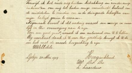 NEDERLANDSCH-INDIË - Handgeschreven sollicitatiebrief van een aspirant-snijveldopzichter van de suikerfabriek Randoegoenting te Prambanan, gedateerd 'Djokja 24 Mei 1929'.
